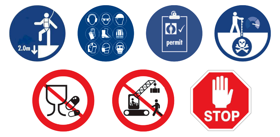Wilson safety symbols: fall protection, protective equipment, permit, enclosed-space hazards, no alcohol or drugs, lifting safety and stop unsafe work. Text descriptions are listed above.